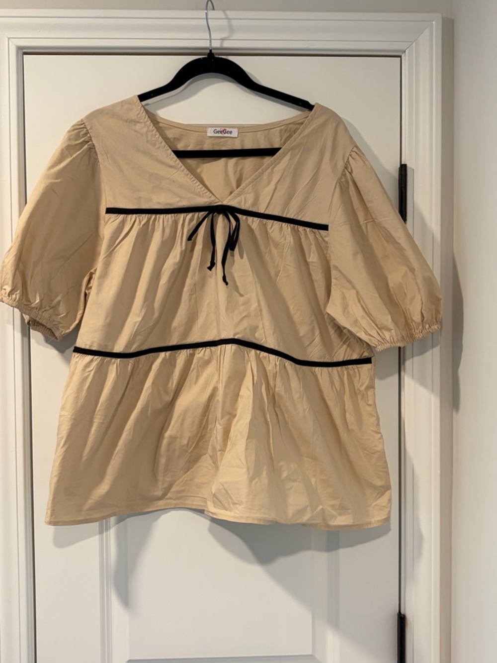 3/$20 GEEGEE Beige Blouse with Black Trim and Tie Detail